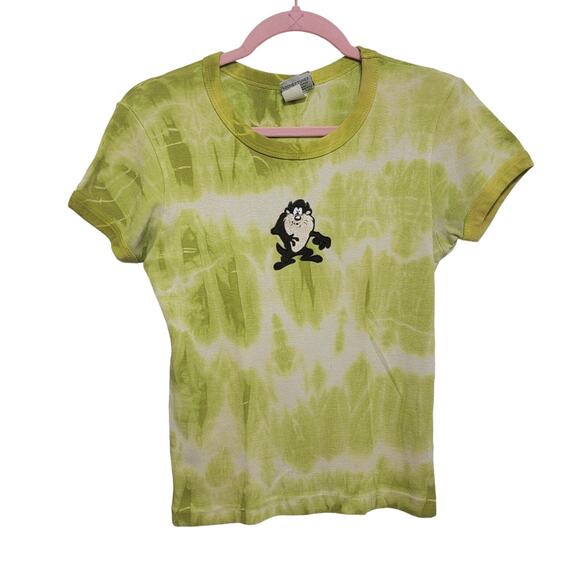 VTG T-Shirt Embroidered Taz Chartreuse Tie Dye Baby Doll Tee Looney Tunes - Picture 1 of 9